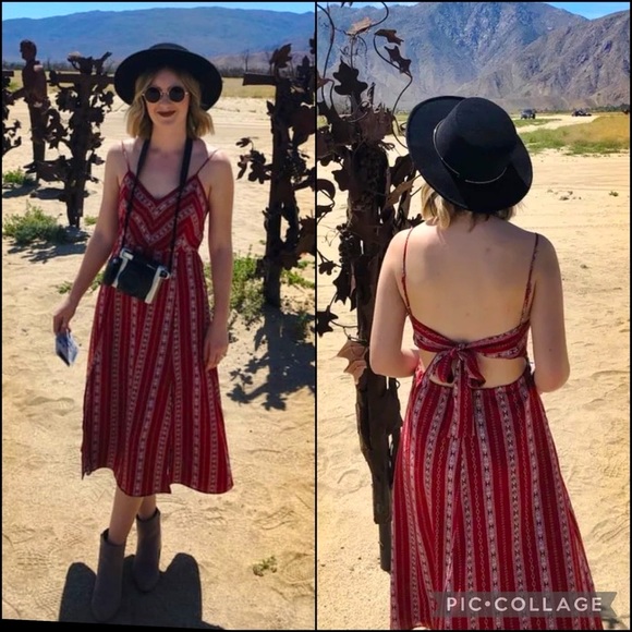 Lulu’s Rust Red Stripe Print Tie Back Side Slit Midi Dress - Picture 6 of 16